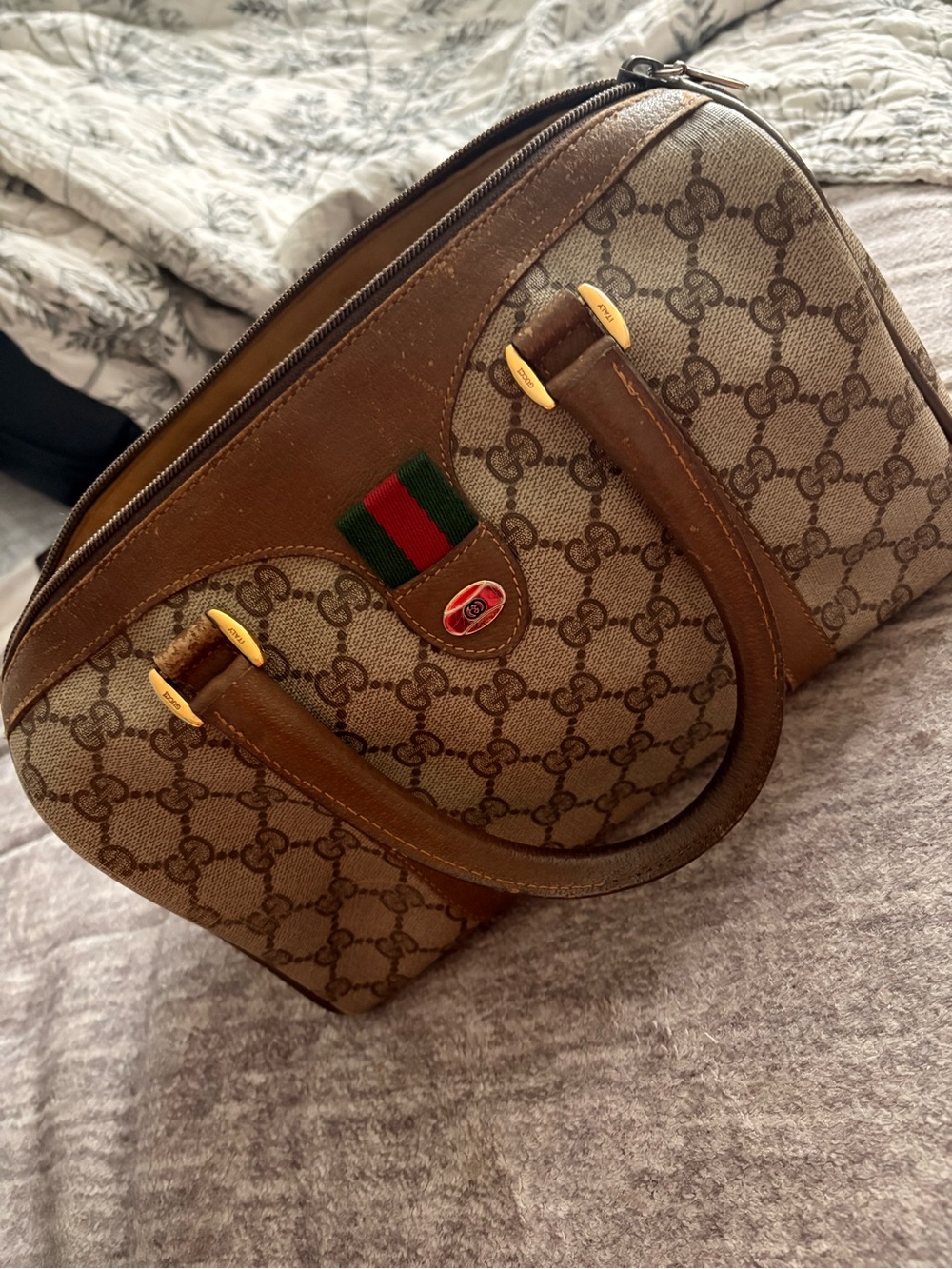 Gucci Brown GG Canvas Satchel with Green and Red Stripe